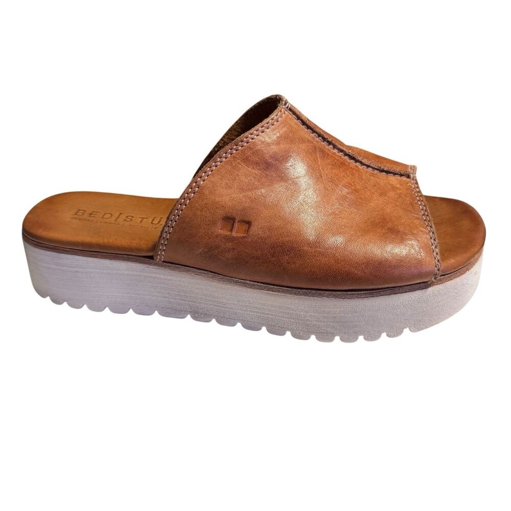Bed Stu Fairlee II Distressed Leather Platform Slides Tan Rustic Womens 9 $199